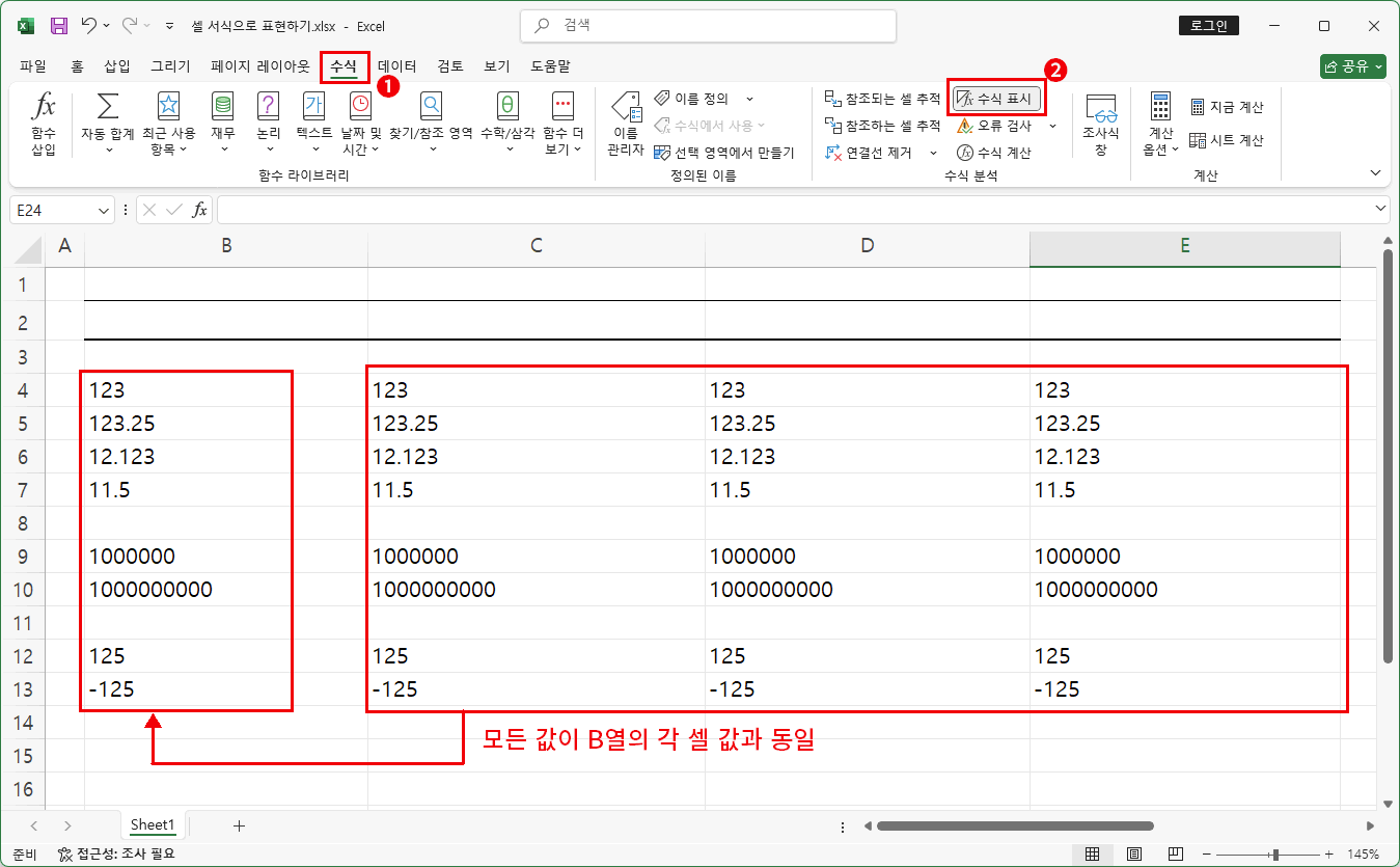 셀 표시 형식 수식 표시