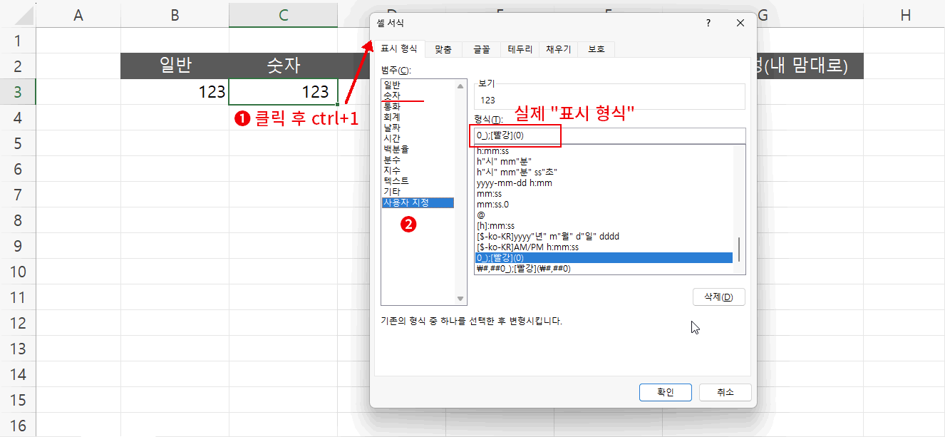 숫자의 실제 표시 형식