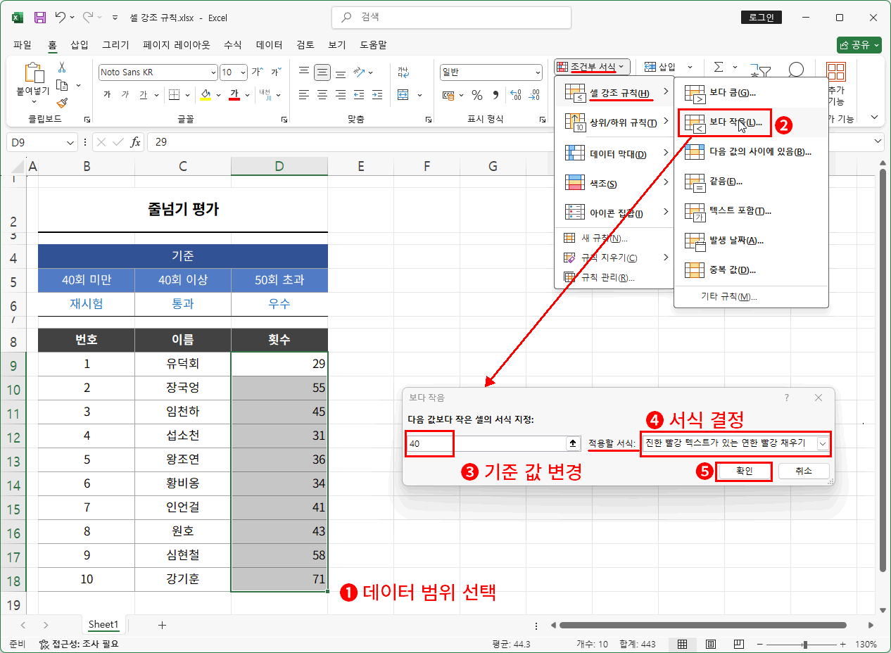 조건부 서식 셀 강좌 규칙 보다 작음