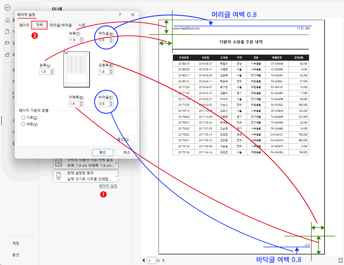 머리글과 바닥글 여백