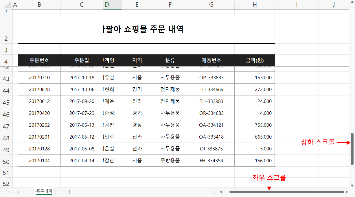 화면 틀 고정 설정 스크롤 결과