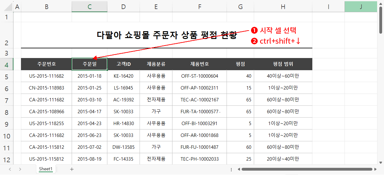 단축키로 범위 선택 방법 3