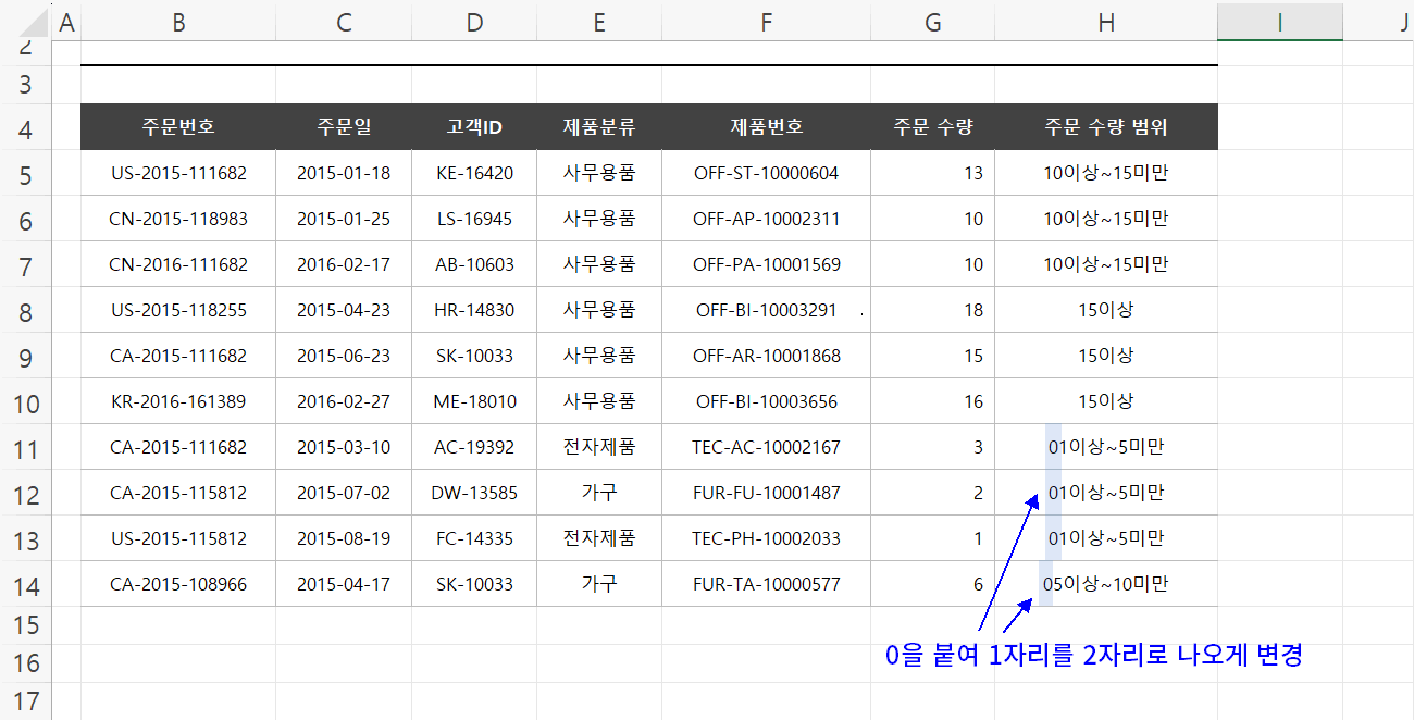 텍스트 정렬 순서 규칙 적용하여 셀 값 변경