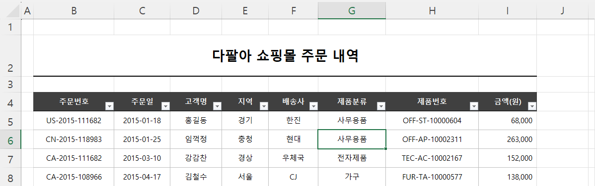 정렬 및 필터 사용 결과