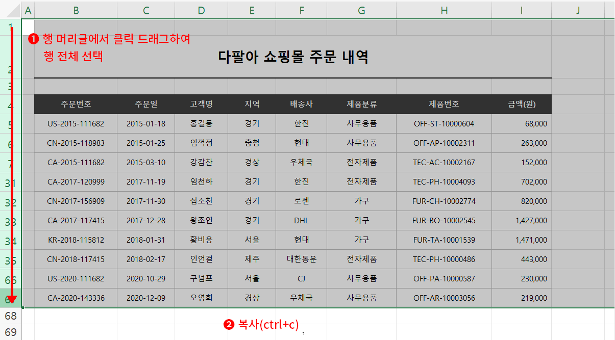 숨기기 행 복사