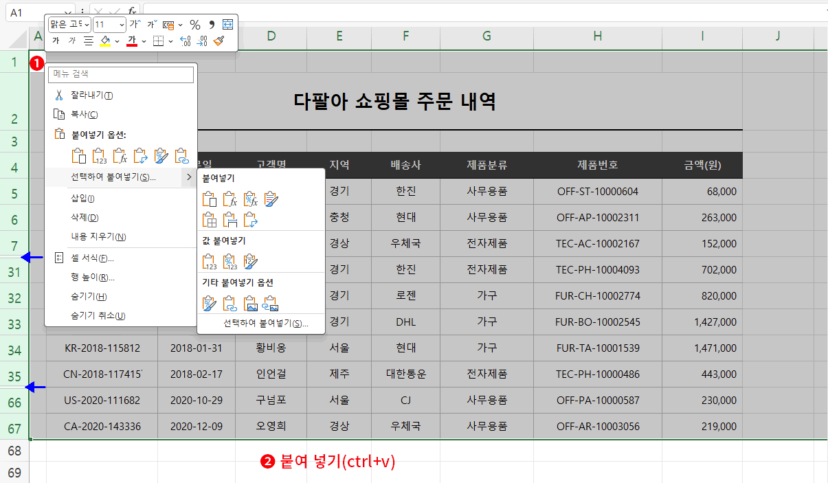 숨기기 행 붙어 넣기