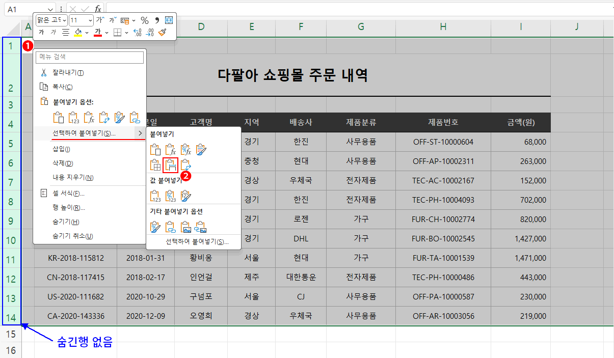 숨기기 제외 붙여 넣기