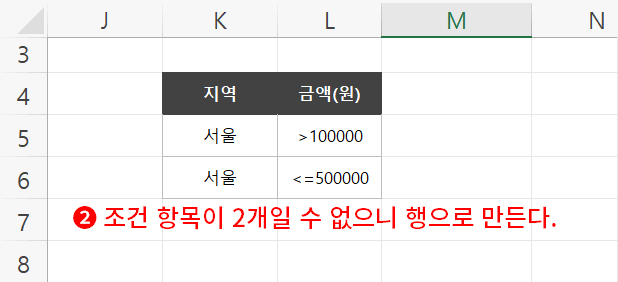 고급필터 등호 부등호 범위 사용 2
