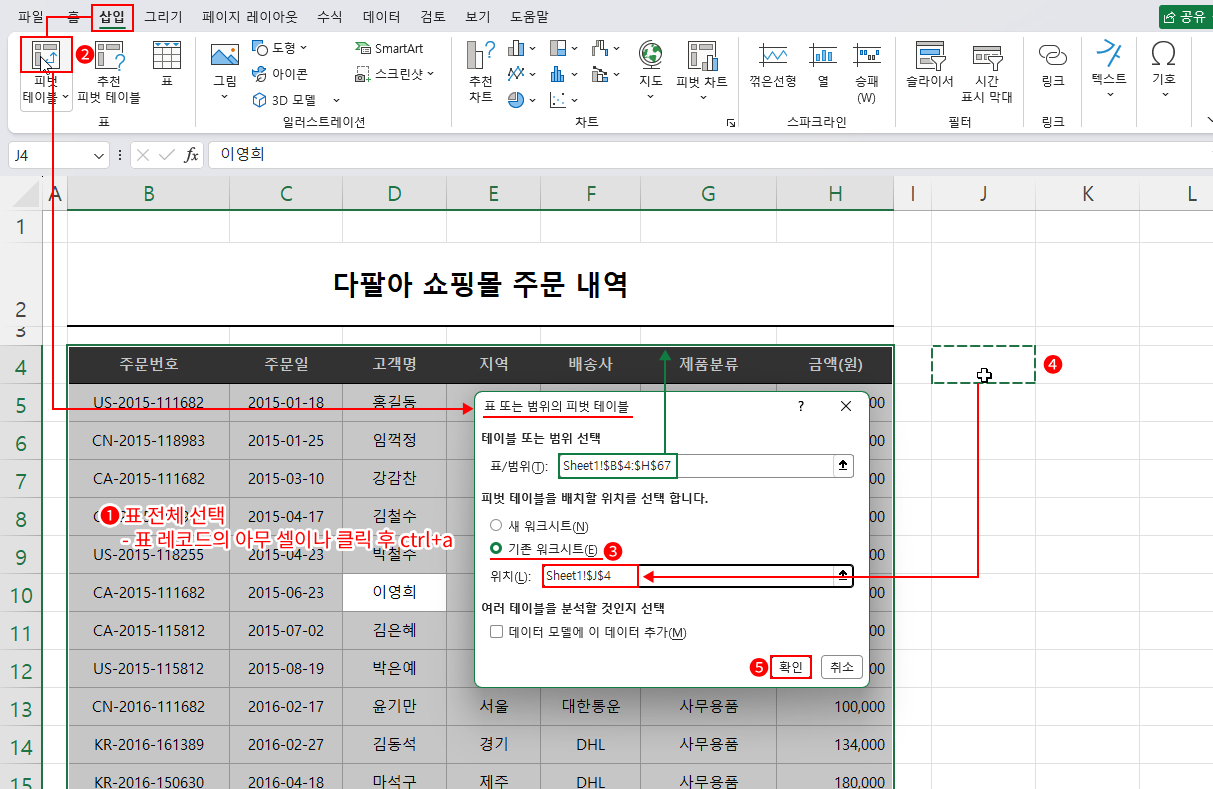 피벗 테이블 삽입