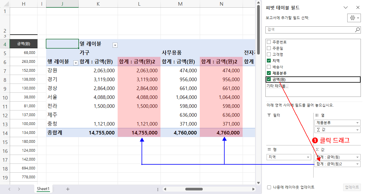피벗 테이블 값 추가