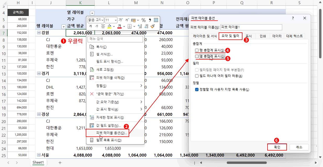 행과 열의 총합계 지우기