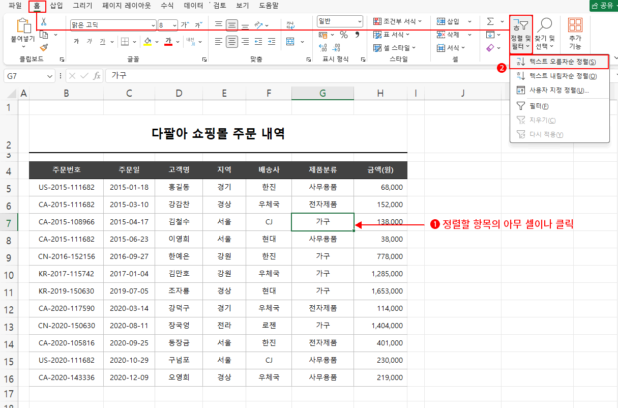 제품 분류별 정렬
