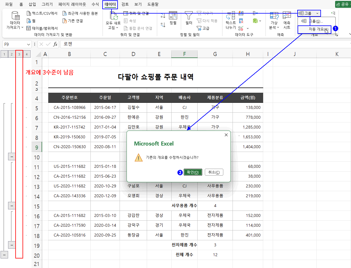 개별 부분합 제거후 자동 개요