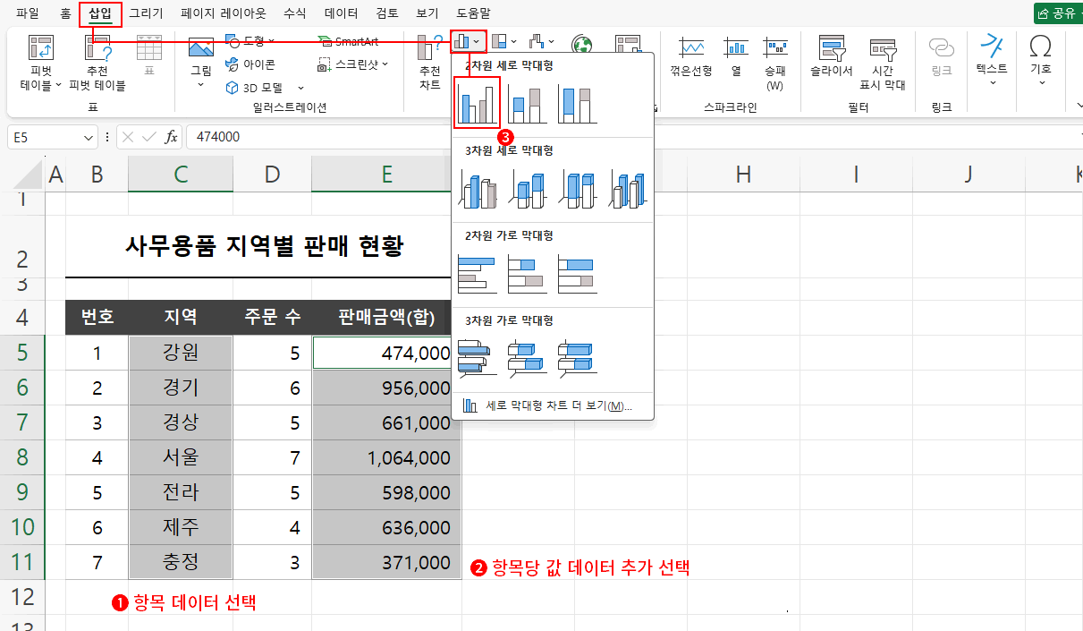 묶은 세로 막대형 차트 만들기