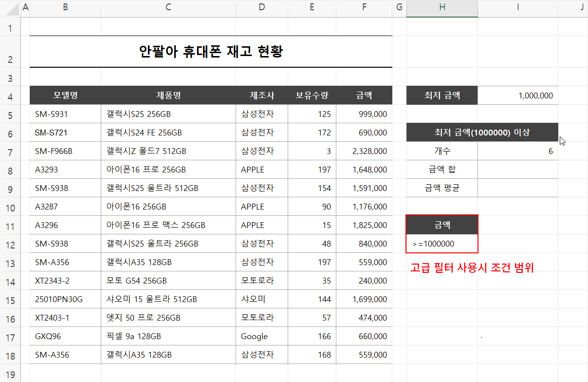 고급 필터 사용 예