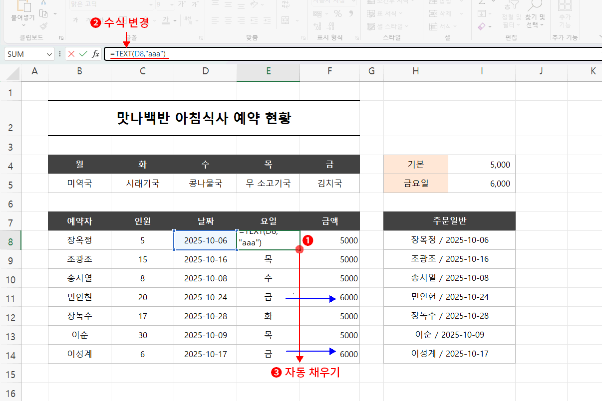 TEXT 함수로 요일 변경