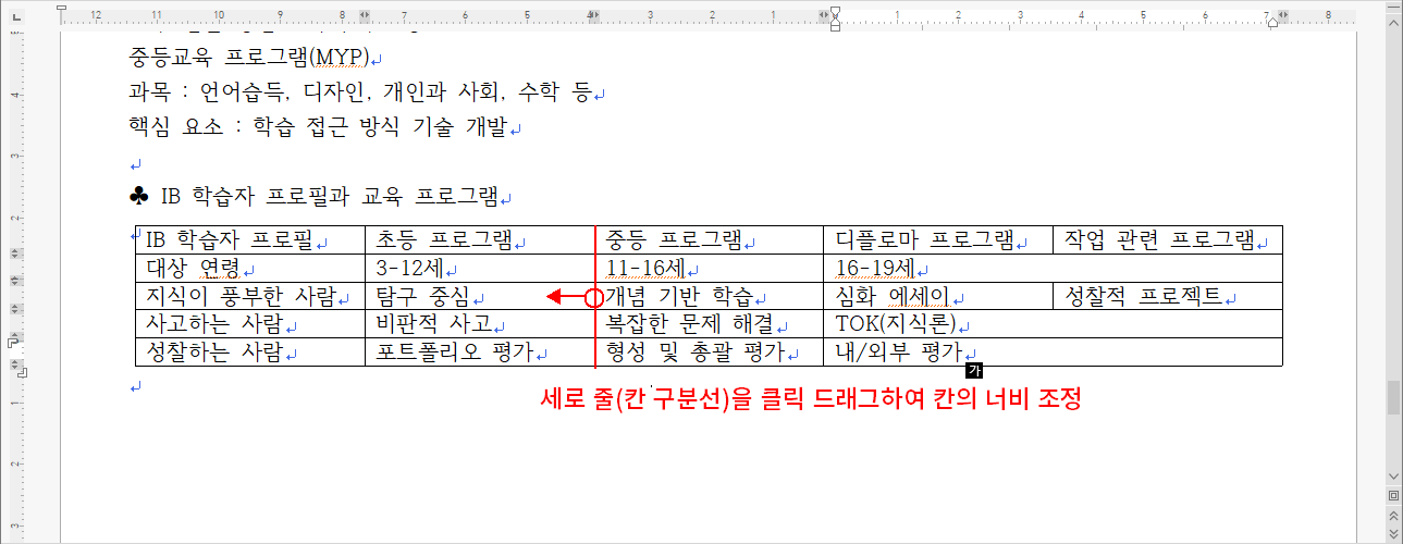 표 칸의 너비 조정